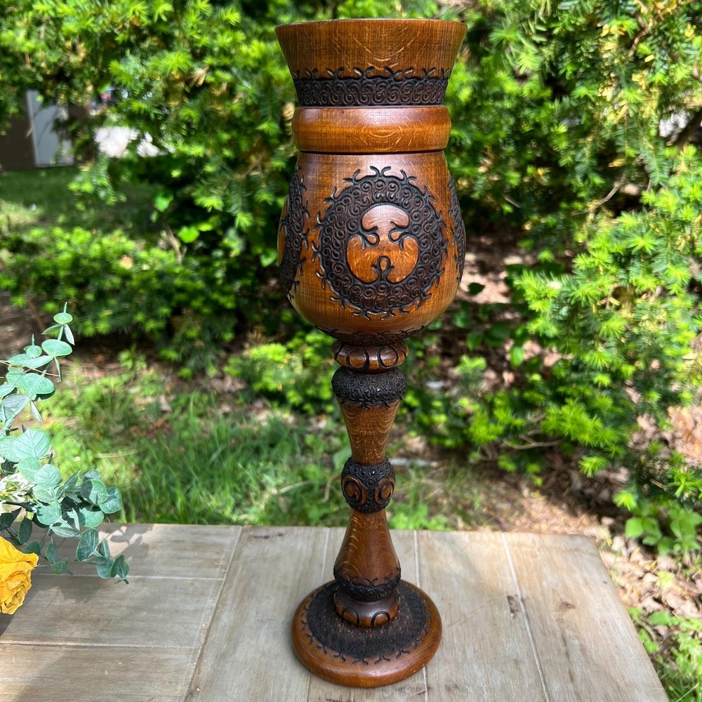 Vintage Tall Hand-Carved Wood Vase /Candle Holder